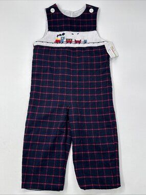 Wish Upon a Star Shortall Boys Size 4 Train Plaid Smocked Embroidered NEW